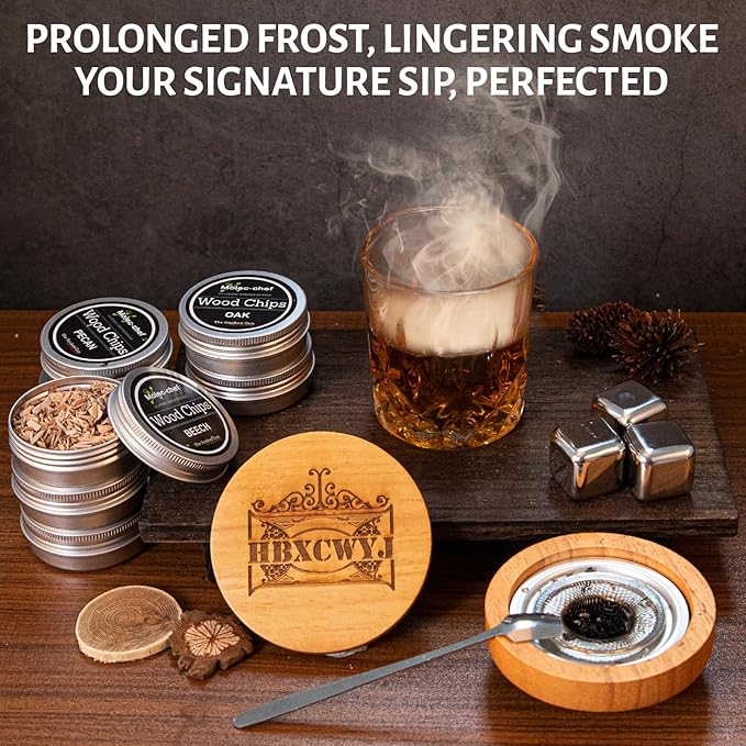 Whiskey Smoker Kit for Cocktails - Premium Oak Smoke Top with Torch (No Butane), 8 Flavors Wood Chips, 3 Ice Marbles & Cocktail Cards - Ideal Gift for Men, Dad, Husband, Whiskey Lovers Home Bar