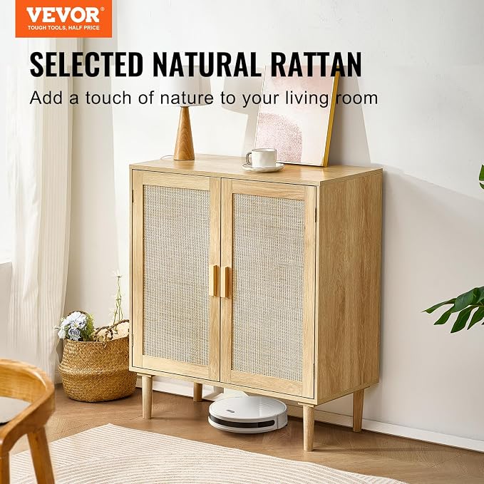 VEVOR Sideboard Cabinet, Buffet Cabinet with 2 Magnetic Doors and Adjustable Shelves, Sideboard Buffet for Hallway, Entryway, Living Room, or Kitchen, Natural