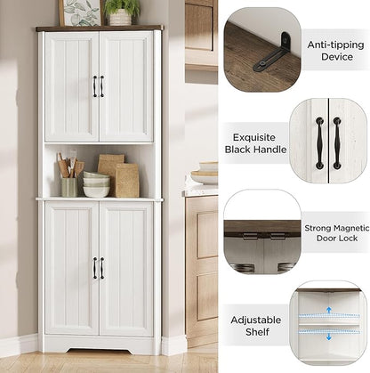 Vabches Tall Corner Cabinet, Corner Bathroom Cabinet, 67" Farmhouse Storage Cabinet with 4 Doors and Adjustable Shelves, Home Space Saver for Bathroom, Kitchen, Living Room, Pantry, Distressed White