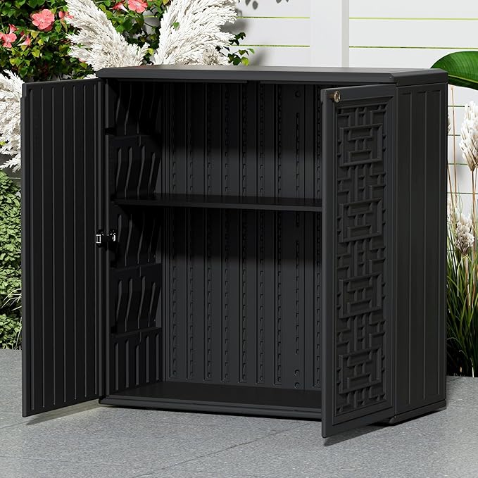 Mrosaa Indoor Outdoor Storage Cabinet Waterproof with Shelf,Plastic Storage Sheds Outdoor Cabinets for Patio/Garden/Backyard, Size 34.3''L*15''W*36.2''H（Black）