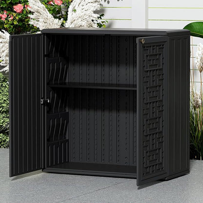 Mrosaa Indoor Outdoor Storage Cabinet Waterproof with Shelf,Plastic Storage Sheds Outdoor Cabinets for Patio/Garden/Backyard, Size 34.3''L*15''W*36.2''H（Black）