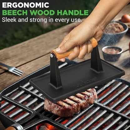 NutriChef Cast Iron Grill Press, Heavy-Duty Smash Burger Press with Beech Wood Handle, Reduces Cooking Time, Ideal Meat Press for Steaks, Sandwiches & More, Safe for Gas, Electric & Induction, 9"x4"