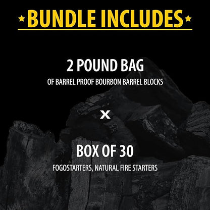 FOGO Fogostarters Natural Fire Starters, 30 Count Box and FOGO Barrel Proof Bourbon Barrel Blocks, Cask Strength Smoking Wood Chunks for Grilling, 2 Pound Resealable Bag, Bundle