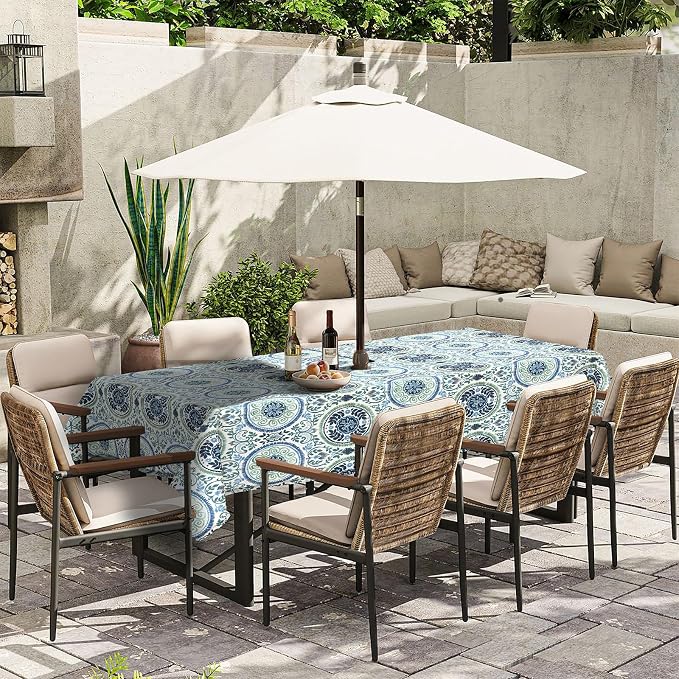 Outdoor Rectangle Tablecloth, 60×84 Inch Water Repellent Picnic Table Cover with Umbrella Hole Zipper for Patio Family Meal, Celadon Wreath