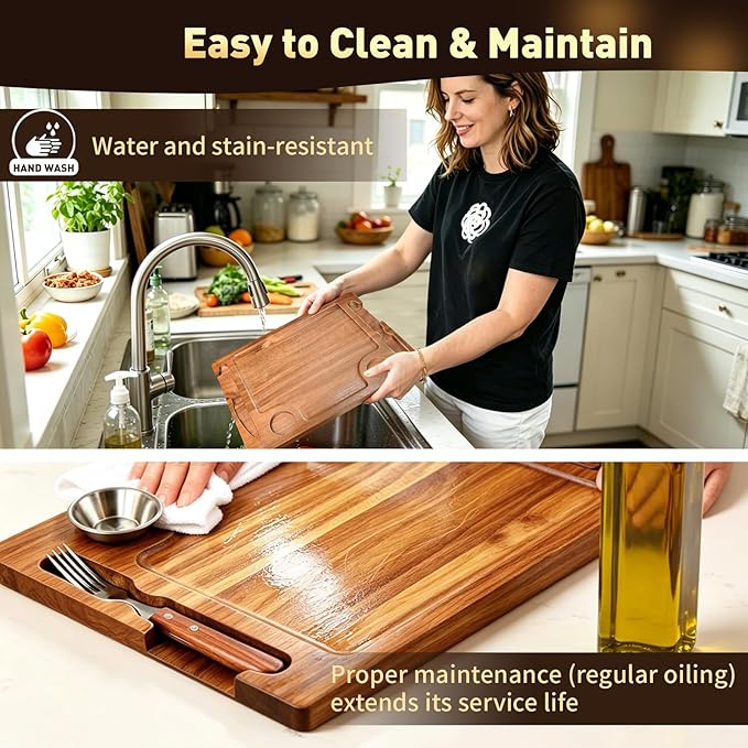 Acacia Wooden Steak Board - Reversible Charcuterie Boards Cutting Board Set with Fork, Knife and 2 SUS304 Ramekins,15.7” Wood Serving Board for Home BBQ,Gift for Women Men(1 Set)