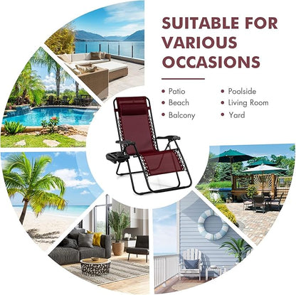 Giantex Zero Gravity Reclining Chair, Outdoor Patio Recliner with Cup Holder & Removable Pillow, Adjustable Backrest, Indoor Lounge Chair for Backyard, Garden, Poolside (Burgundy)
