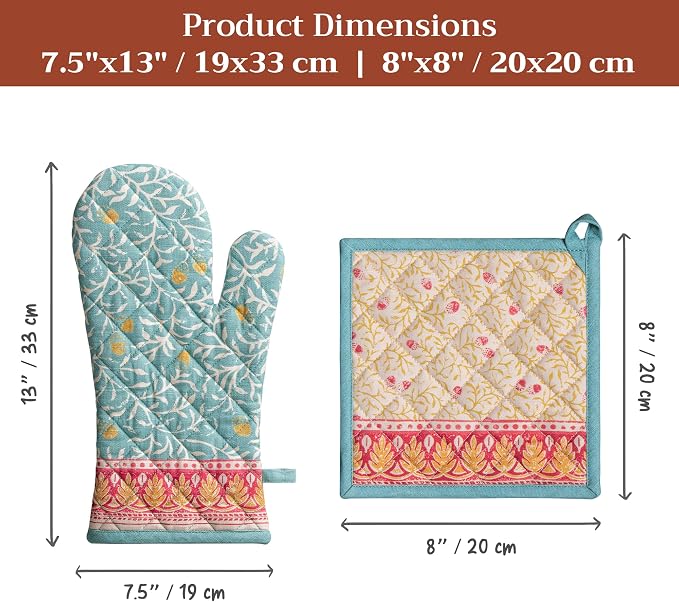 Maison d' Hermine 100% Cotton Oven Mitt & Pot Holder Set (7.5"x13" & 8"x8") | Heat Resistant BBQ Cooking Gloves with Loop Baking Grilling Kitchen Hotel Home Farmhouse Thanksgiving Christmas - Carpo