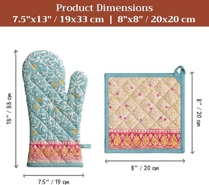 Maison d' Hermine 100% Cotton Oven Mitt & Pot Holder Set (7.5"x13" & 8"x8") | Heat Resistant BBQ Cooking Gloves with Loop Baking Grilling Kitchen Hotel Home Farmhouse Thanksgiving Christmas - Carpo