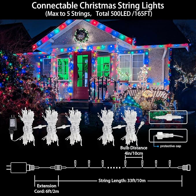 33FT 100 LED Multicolor Christmas Fairy Twinkle String Lights Indoor | 8 Modes with Memory, Connectable, IP65 Waterproof, Transparent Wire, Up to 5 Sets, Widely use for Classroom, Bedroom, dorm