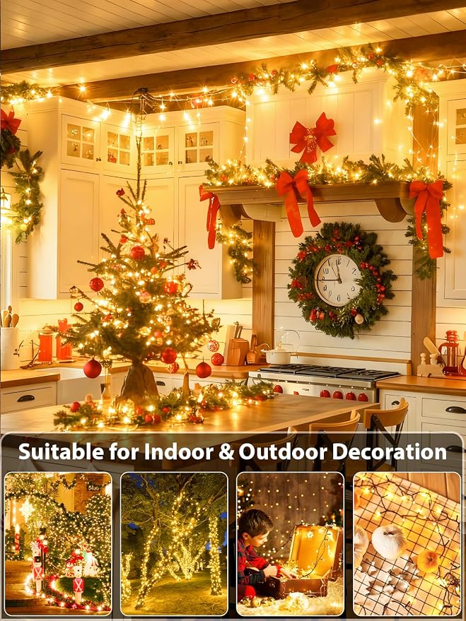 Extendable Christmas String Lights Indoor Outdoor 42.8FT 100 LED Warm White | Green Wire Ultra-bright,8 Modes, Timer and Memory Function, UL Certified Fairy Twinkle Lights Waterproof for Xmas Tree Decor
