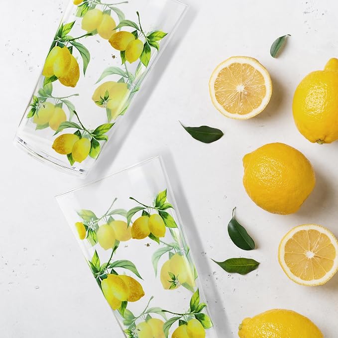 Reston Lloyd Calypso Basics Fresh Lemons 19 oz Acrylic Drinkware Set of 6 – BPA-Free, Indoor/Outdoor, Dishwasher Safe, Lemons with Bees