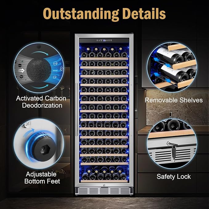 24" 173-Bottle Freestanding Wine Cooler, Low Noise with Sliding Shelves | Tall design, Compressor fast cooling, Low noise, Reversible door, Digital temp display, Black finish, Home or commercial use