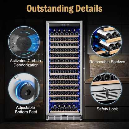24" 173-Bottle Freestanding Wine Cooler, Low Noise with Sliding Shelves | Tall design, Compressor fast cooling, Low noise, Reversible door, Digital temp display, Black finish, Home or commercial use