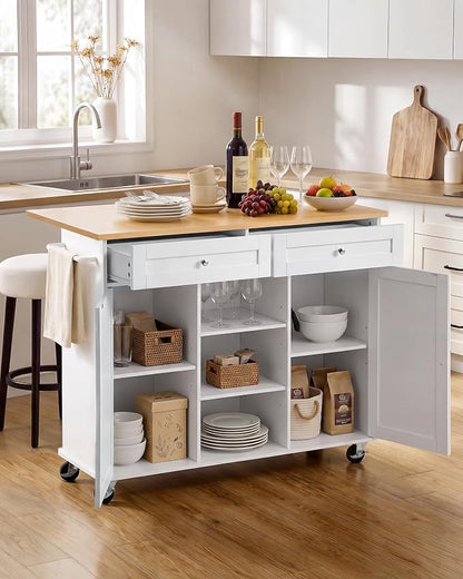 VEVOR Kitchen Island Cart with Storage, 45.67 in Wide Mobile Rolling Storage Island on Swivel Wheels, with 2 Drawers, Storage Cabinet, Drop Leaf, Towel Rack, Table for Home Dining Room, White