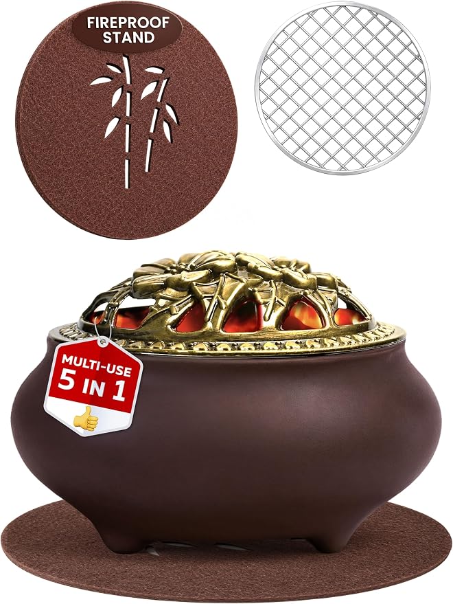 Charcoal Incense Burner for Bakhoor & Resin – Ceramic Frankincense Burner with Lid, Stainless Steel Mesh and Heat-Resistant Cotton Lining for Daily Ritual, Matte Brown