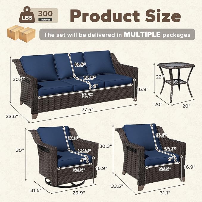 6 Piece Patio Furniture Set, Wicker Outdoor Conversation Set | Patio Chair Set with Olefin Removable Cushion, All-Weather Outdoor Couch with Deep Seat for Porch, Deck and Backyard, Blue