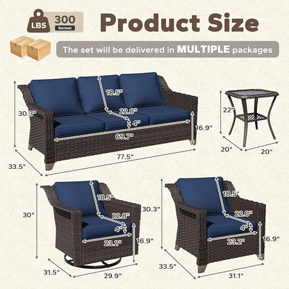6 Piece Patio Furniture Set, Wicker Outdoor Conversation Set | Patio Chair Set with Olefin Removable Cushion, All-Weather Outdoor Couch with Deep Seat for Porch, Deck and Backyard, Blue