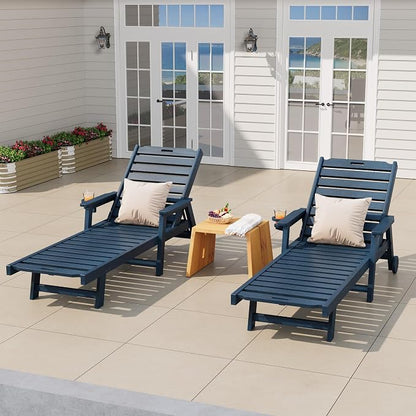 Garvee Lounge Chair Outdoor with Wheels & 5-Position Adjustable Backrest, Oversized Chaise Lounge with 2 Move Handle, HDPE Outdoor Lounge Chair w/Detachable Cup Holder, for Patio, Pool,Navy Blue