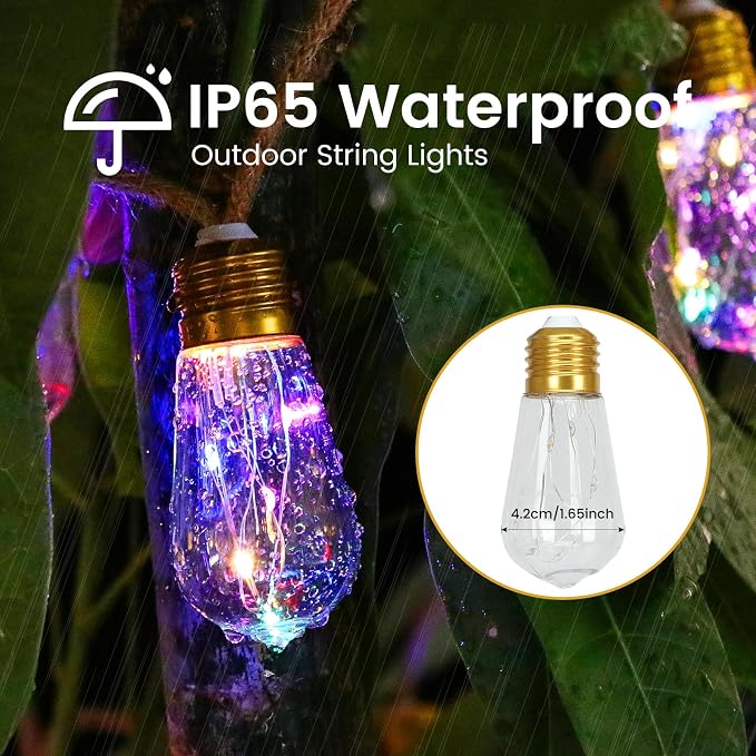 Solar Outdoor String Lights 2Pack 24FT Vintage Rope Hemp Solar Lights with 20 Shatterproof Bulbs,8 Modes Solar Powered Lights with Memory Function, Waterproof for Fence,Balcony,Yard(Multicolor)