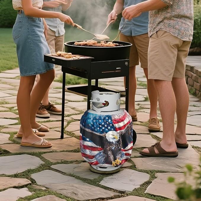 American Eagle Propane Tank Covers 20lb 4th of July Patriotic Outdoor Heavy Duty Waterproof Windproof Gas Tank Cylinder Cover with Elastic Brand, 2 Pack