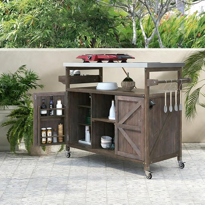 Bellemave Outdoor Kitchen Island with Stainless Steel Top, Rolling Bar Cart & Storage Cabinet, Outdoor Grill Cart with Spice & Towel Rack, Rolling Island Table for Kitchen & BBQ, Dark Brown