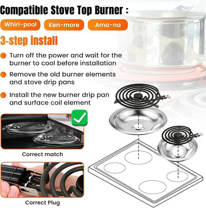 W10196405 W10196406 Chrome Drip Pans & MP22YA Electric Range Burner Element | Compatible with Amana/Maytag/Whirlpool Electric Stove, Include 2 6-Inch and 2 8-Inch Silver Drip Pans & Stove Burner Elements