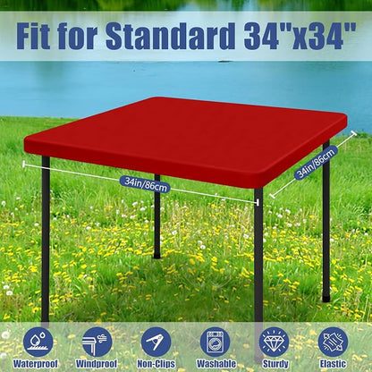 Moosfor Spandex Square Christmas Table Cloth, Elastic Fitted Tablecloths for Picnic, Stretch Washable Patio Table Cover for Outdoor, Camping, Banquet and Parties (Red, 34"x34")