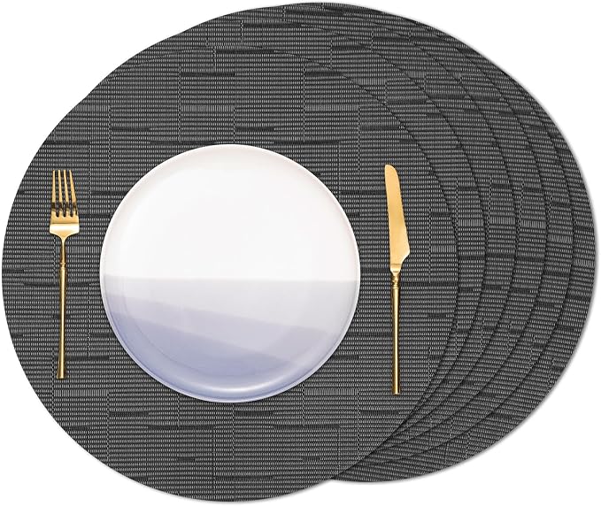 Round Placemats Set of 6 Heat Resistant Vinyl Placemats 15 inch Washable Non-Slip Table Mats Woven Place Mats for Dining Table (Black + Dark Gray, Set of 6)