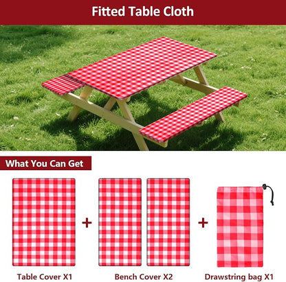 8ft 96in Picnic Table and Bench Cover, 3 Pack, Red-White Checkered | Drawstring Bag, Waterproof Windproof, Elastic Fitted Edges Tablecloth, for Rectangle Table & Seat, Camping Essentials RV Gear