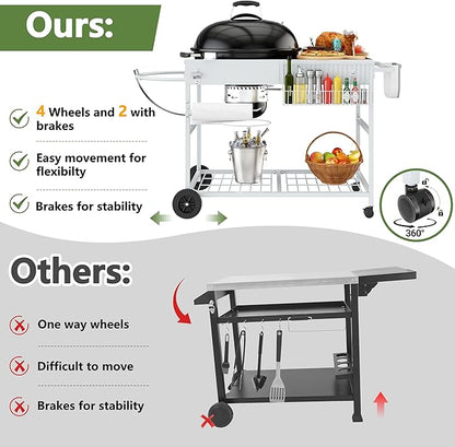 Shintenchi Grill Table for Weber 22" & 18" Original Kettle, Outdor Grill Cart with Wheels, Movable Outdoor Prep Table Cooking Station for JumboJoe Master-Touch Charcoal Grill