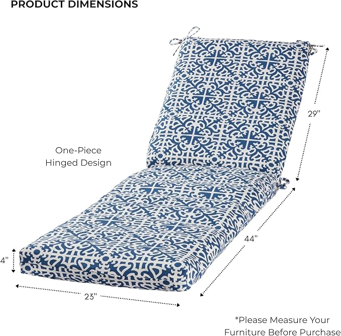Modern Outdoor Chaise Lounge Cushion with Ties – Durable Polyester Fabric, Channel-Filled Polyfiber Insert, Removable Zippered Cover, Indigo Lattice