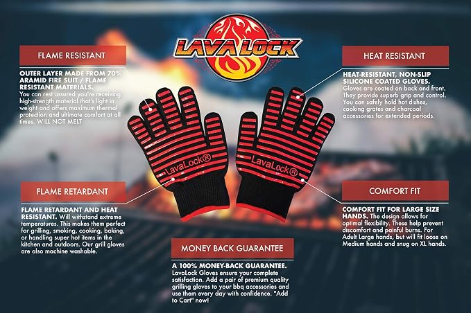 LavaLock BBQ Grilling Cooking Heat Resistant Gloves with Silicone Insulated Protection - High Temp Charcoal BBQ Gloves for Kettle, Kamado, BGE, UDS and Offset Cookers Large Size