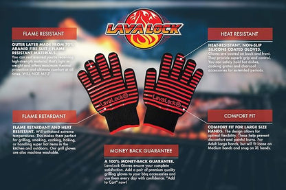 LavaLock BBQ Grilling Cooking Heat Resistant Gloves with Silicone Insulated Protection - High Temp Charcoal BBQ Gloves for Kettle, Kamado, BGE, UDS and Offset Cookers Large Size