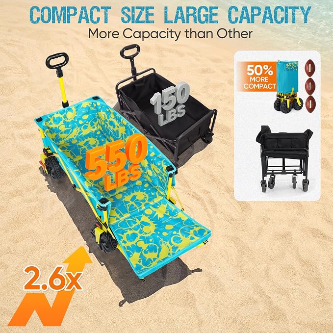 300lbs Extra Long 49" L Beach Wagon with Big Wheels with Brake for Sand, Collapsible Utility Beach Cart Heavy Duty Folding Wagon,Ideal for Outdoor Sand Camping Garden Pet