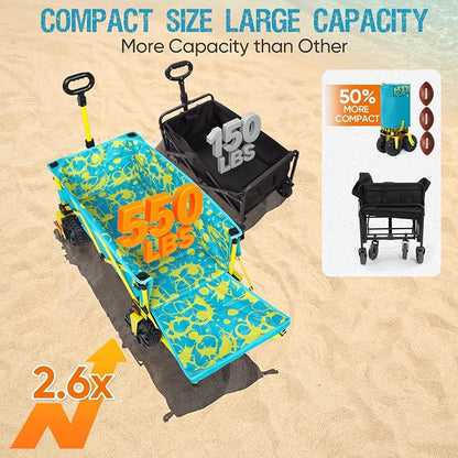 300lbs Extra Long 49" L Beach Wagon with Big Wheels with Brake for Sand, Collapsible Utility Beach Cart Heavy Duty Folding Wagon,Ideal for Outdoor Sand Camping Garden Pet