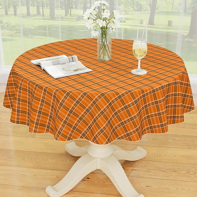 Smiry Picnic Table Cloth, Vinyl Tablecloths with Flannel Backing, 60" Round | Waterproof Picnic Table Cloth, Wipeable Vintage Plaid Table Cover for Indoor and Outdoor (Brown & Orange)