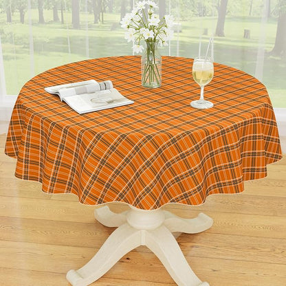 Smiry Picnic Table Cloth, Vinyl Tablecloths with Flannel Backing, 60" Round | Waterproof Picnic Table Cloth, Wipeable Vintage Plaid Table Cover for Indoor and Outdoor (Brown & Orange)