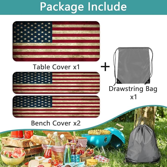 Picnic Table Cover with Bench Covers 4th of July Independence Day Tablecloth Camping Essentials Rv Travel Gear Must Haves Accessories Fitted Table Cloth Outdoor Camper Gifts American Flag, 30X60 Inch