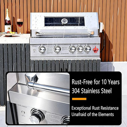 28in Gas Grill Built-In Head, 5-Burner Propane Grill, Natural Gas/Charcoal Convertible,Heavy Duty 304 Stainless Steel with Rear Burner，63100-BTUs BBQ Island Kitchen Gas Grill Outdoor Cooking