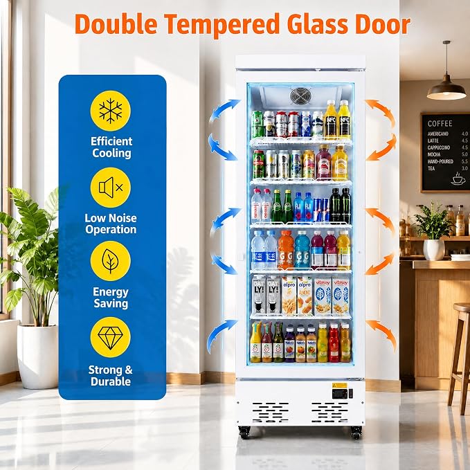 Commercial Beverage Refrigerator with Glass Door, 11 Cu.Ft Upright Display Fridge Commercial Cooler, Merchandiser Drink Refrigerator with Soft LED Light, Romovable Shelves for Restaurant Stores
