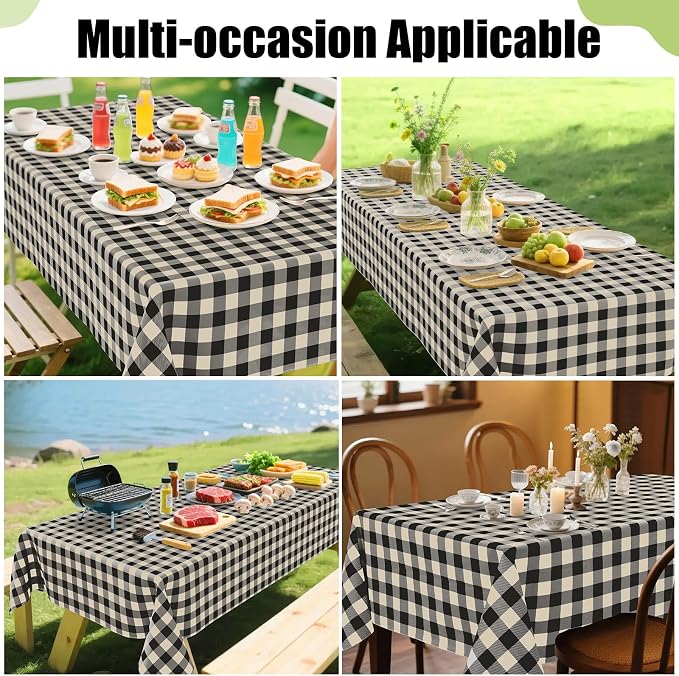 Smiry Picnic Table Cloth, Vinyl Tablecloths with Flannel Backing, 60"x120" | Waterproof Rectangle Table Cloth, Wipeable Buffalo Plaid Table Cover for Indoor and Outdoor (Black & Beige)