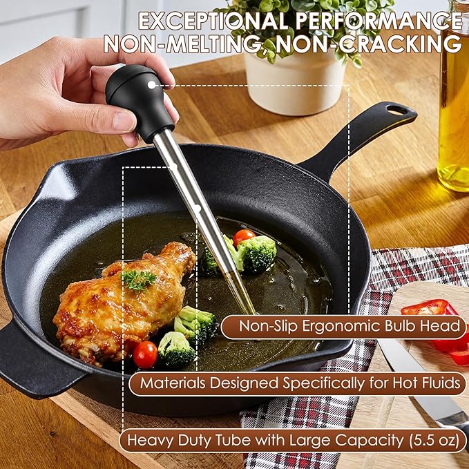 2 Pack Stainless Steel Turkey Baster Syringe for Cooking, Large Meat Injector with 4 Needles & 2 Brushes, Silicone Bulb Baster for BBQ Thanksgiving Kitchen, Dishwasher Safe