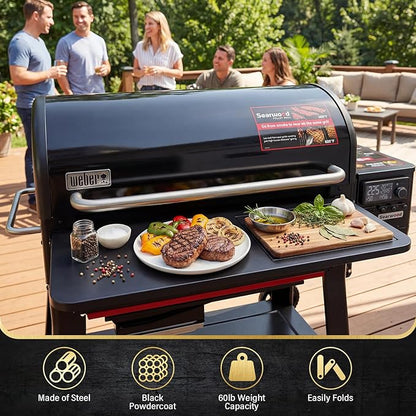 Front Folding Grill Table for Weber Searwood XL 600 Pellet Grill, 35" x 12.5" Large Prep Shelf with Stainless Steel Basin, Cutting Board, Lid & 5 Hooks, Heavy-Duty Weber Searwood XL 600 Accessories