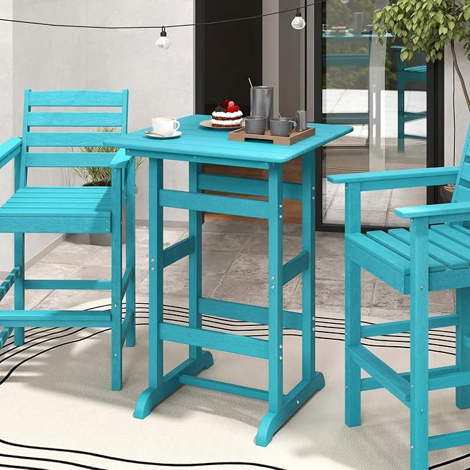 GIANTEX 42" Height Outdoor Tall Bar Table, HDPE Square Pub Table with Wood Grains, Cocktail High Top Tables for Adirondack Chairs, Patio, Bistro, Garden, Poolside, Yard, Balcony, Turquoise