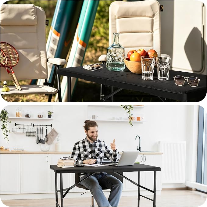 4 Ft Folding Table Wood Grain Desktop & 350lbs Weight Capacity | Plastic Folding Table Heavy Duty Portable Table for Indoor & Outdoor Premium Solutions for Camping,Picnic,BBQ and Party
