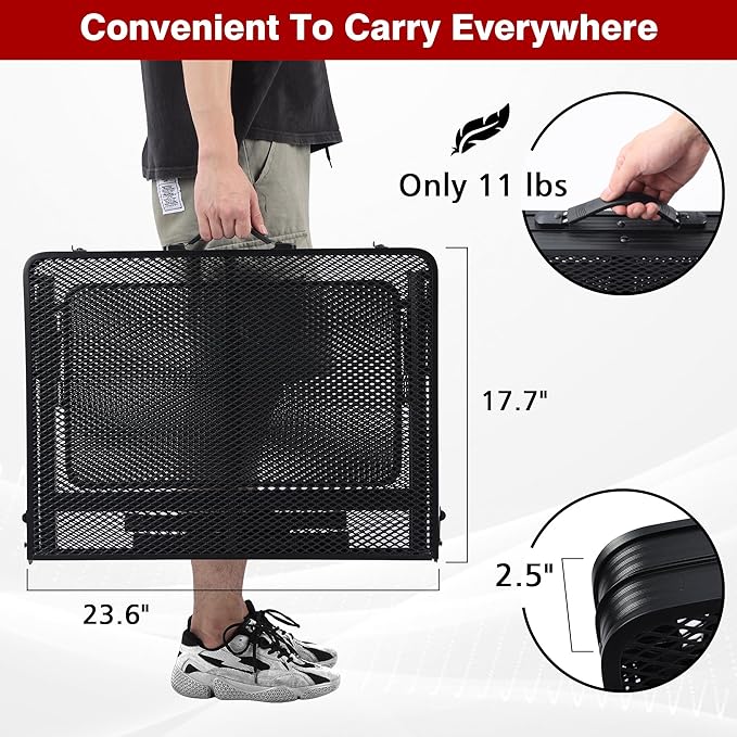 JOUYEK Folding Grill Table,3x2 FT Portable Camping Table with 2 Wing Panels | Height Adjustable Metal Tables with Mesh Desktop and Mesh Bag, Outdoor Furniture for Camping, Picnic, Beach and BBQ, Black