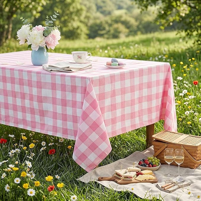 B-COOL Pink Plaid Tablecloth Easter Checkered Tablecloth Fabric Pink and White Gingham Flag Table Cover for Parties, Valentines, Race Car Birthday Party, Birthday, Outdoor Picnic, 56x84inch