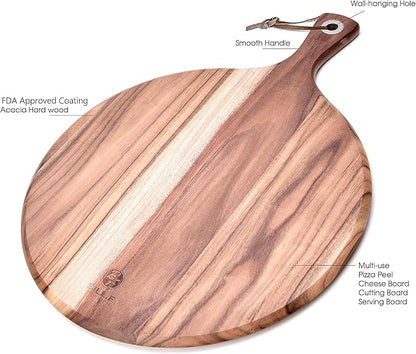 BILL.F Pizza Peel,14" L x 14" W Acacia Wood Cutting Board, with 5" Handle, 19" Overall Length