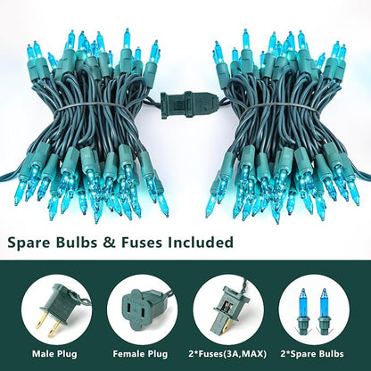 BrizLabs Teal Christmas Lights Outdoor 100 Count 19.7ft Incandescent Lights | Connectable; UL Certified; Clear Bulb Mini Christmas Lights Plugin Green Wire Indoor Outdoor Xmas Tree Holiday Party Decor
