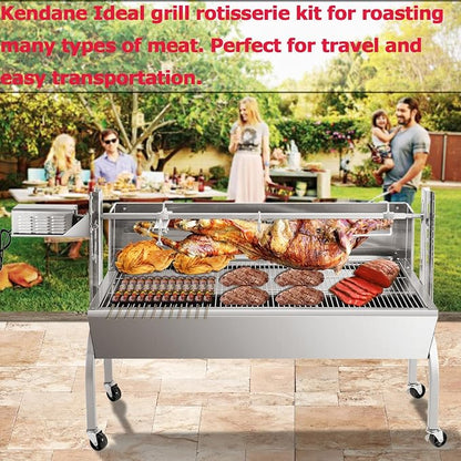 Kendane Rotisserie Grill Charcoal Spit Roaster, Stainless Steel 46" Pig Lamb Hooded Roaster Charcoal Spit with 30W Motor & Adjustable Height Lockable Casters for Party Barbecue, Rated 150 LB